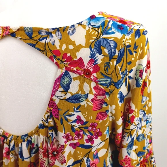 VICI ENTRO Tropical Vibe Cut Out Back Floral Print Tiered Sleeve Tunic Dress L - Picture 9 of 16